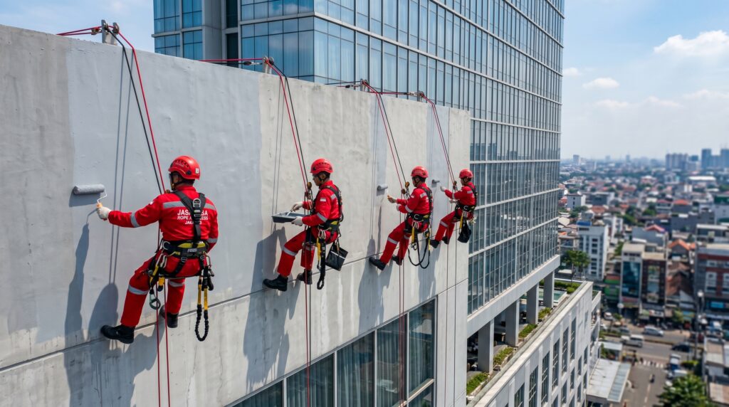 Rope Access Gedung vs Scaffolding 3 Pengecatan Gedung tinggi Rope Access