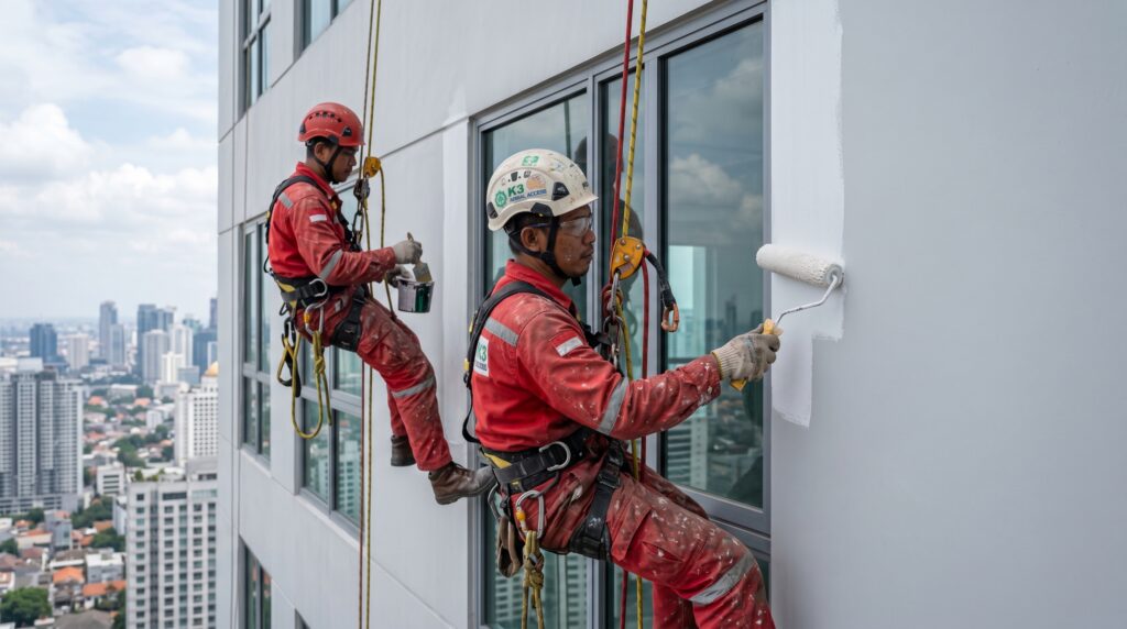 Rope Access Gedung vs Scaffolding 1 Pekerja cat gedung di ketinggian, Tukang Cat Indonesia
