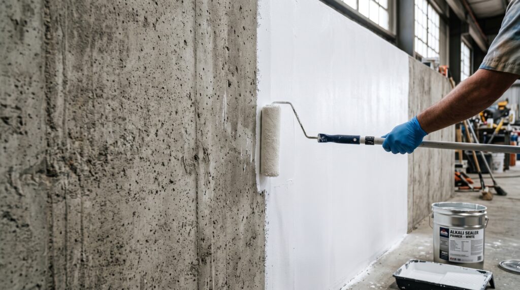 5 Fungsi Alkali Sealer Adalah Kunci Utama Cat Gedung Awet: Jangan Lewatkan! 2 Seseorang mengecat dinding dengan roller.