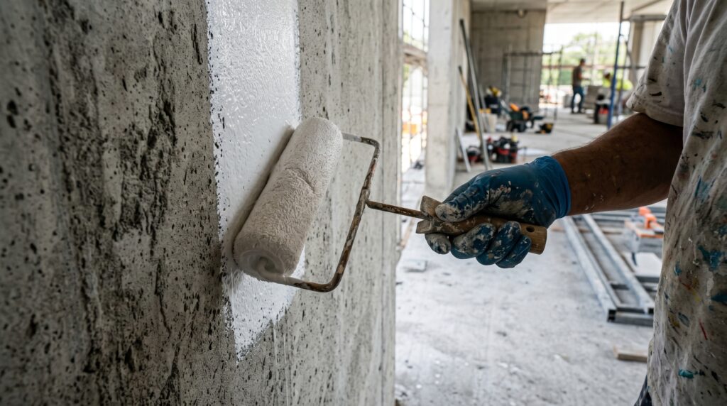 5 Fungsi Alkali Sealer Adalah Kunci Utama Cat Gedung Awet: Jangan Lewatkan! 1 Pengecatan dinding dengan rol cat, alkali sealer, tukang cat indonesia