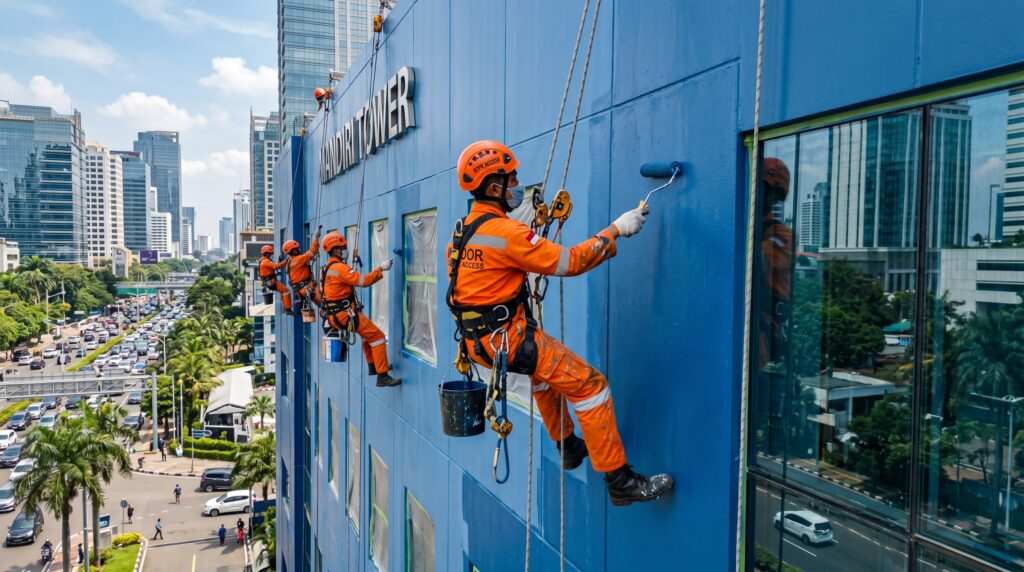 5 Keuntungan Rope Access vs Scaffolding - Mana yang Lebih Efisien untuk Gedung High-Rise? 4 Tukang Cat Indonesia