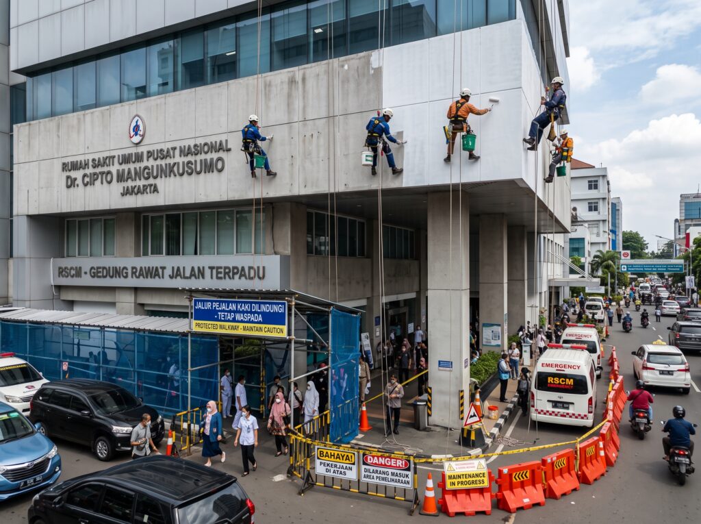 pengecatan gedung area publik, maintenance fasad rumah sakit, jasa cat gedung mall, rope access area komersial.