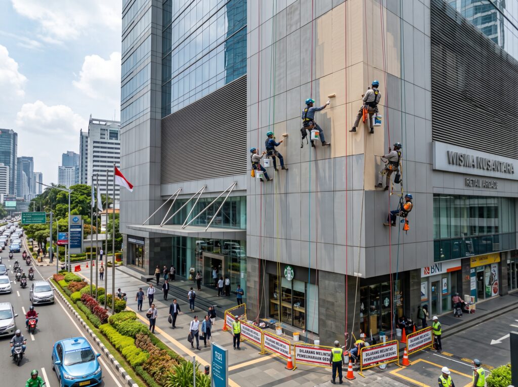 pengecatan gedung area publik, maintenance fasad rumah sakit, jasa cat gedung mall, rope access area komersial.