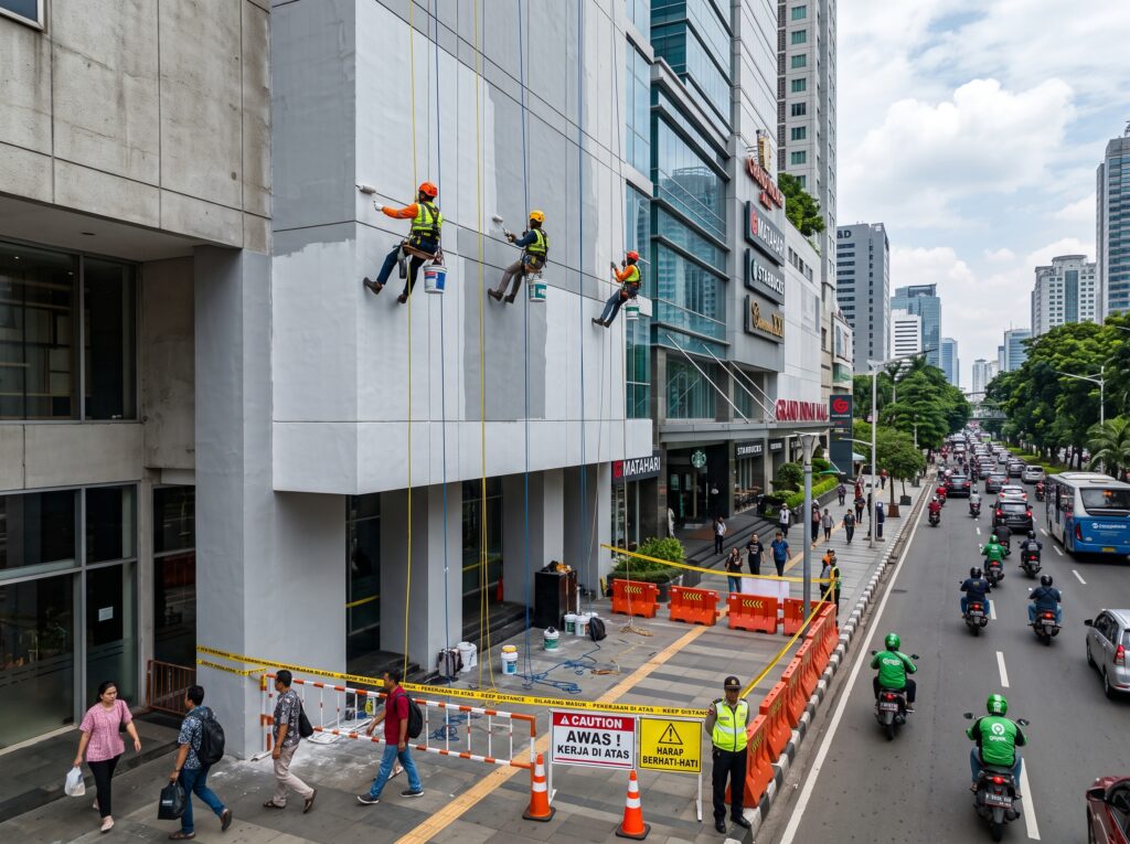 pengecatan gedung area publik, maintenance fasad rumah sakit, jasa cat gedung mall, rope access area komersial.