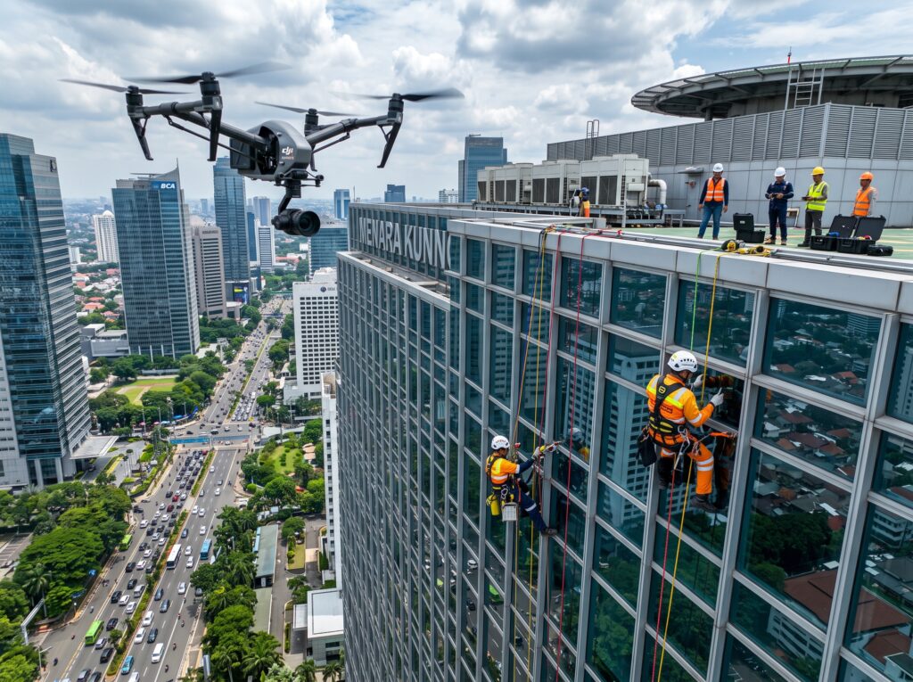 5 Keunggulan Sinergi Drone Inspection & Rope Access - Cara Tercepat Menemukan Kerusakan Fasad di Gedung 20+ Lantai 1 inspeksi gedung dengan drone, jasa audit fasad gedung, pemeriksaan dinding high-rise.