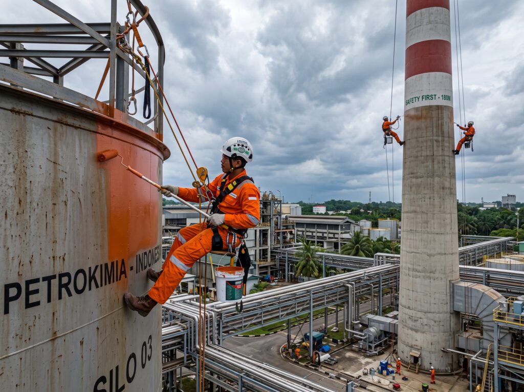 Pengecatan Silo dan Cerobong Asap Industri - Solusi Akses Tali di Area Terbatas (Confined Space) 1 Tukang Cat Indonesia