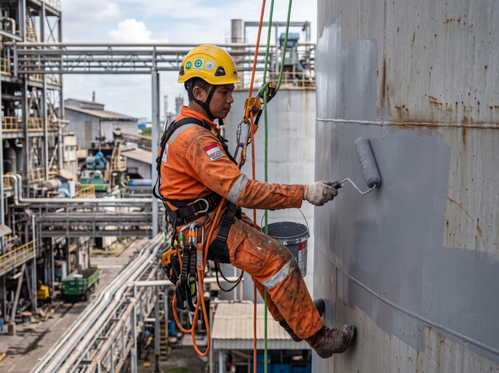 Pengecatan Silo dan Cerobong Asap Industri - Solusi Akses Tali di Area Terbatas (Confined Space) 2 Cat Industri