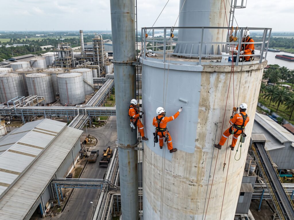 Pengecatan Silo dan Cerobong Asap Industri - Solusi Akses Tali di Area Terbatas (Confined Space) 3 Tukang Cat Indonesia, Pengecatan Industri