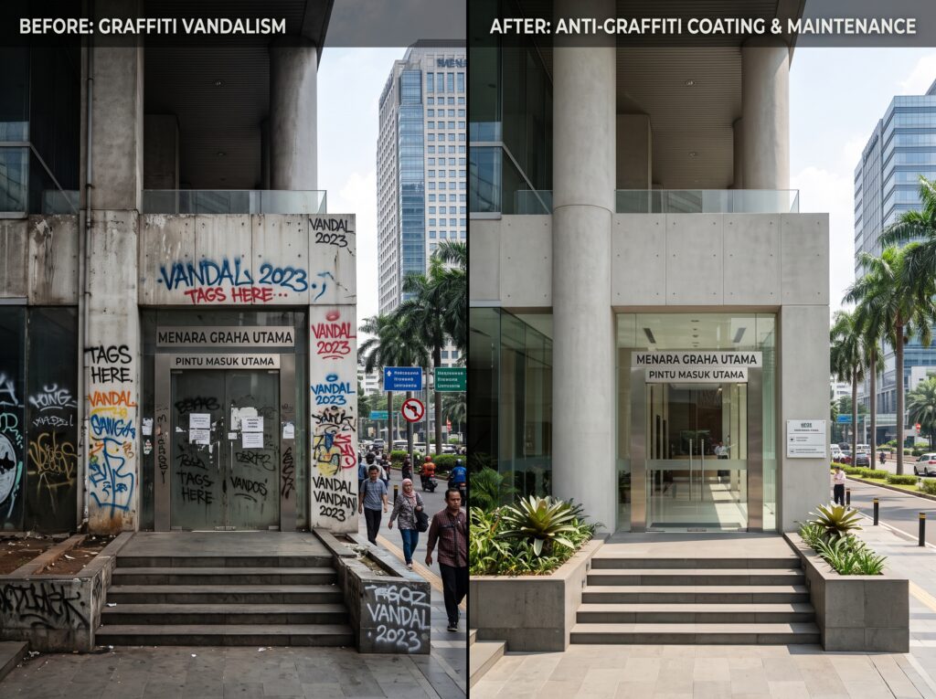 cat anti grafiti, jasa pembersihan grafiti gedung, proteksi dinding eksterior.
