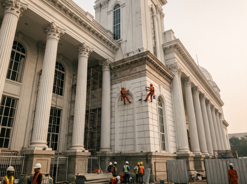 Restorasi Fasad Gedung Heritage (Cagar Budaya) - Teknik Pengecatan Khusus Tanpa Merusak Struktur Asli 1 tukang cat indonesia